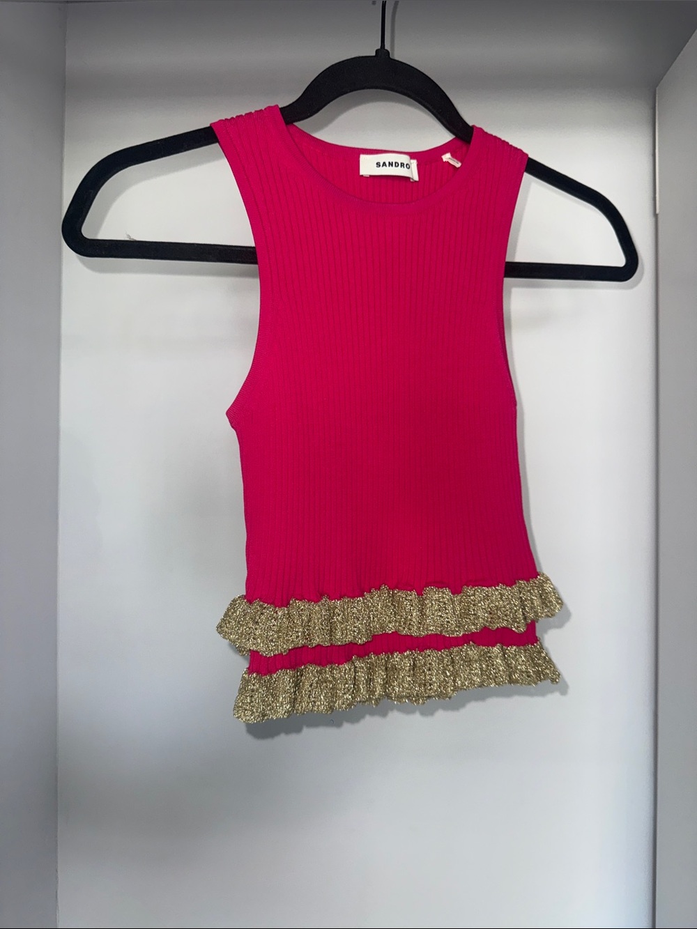 Sandro Hot Pink Ribbed Tank with Gold Ruffle Trim